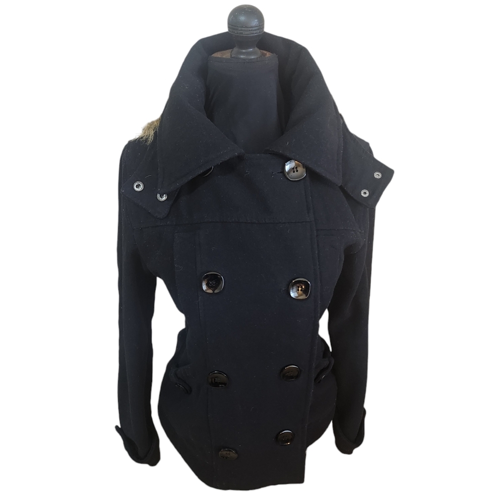 YMI Black Wool Blend Pea Coat Double Breasted Detachable Faux Fur Hood M Jacket